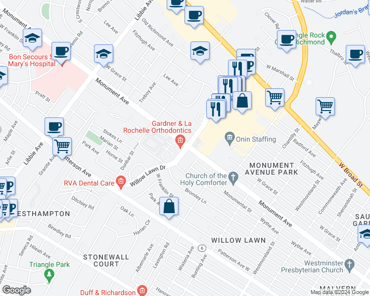 map of restaurants, bars, coffee shops, grocery stores, and more near in Henrico County