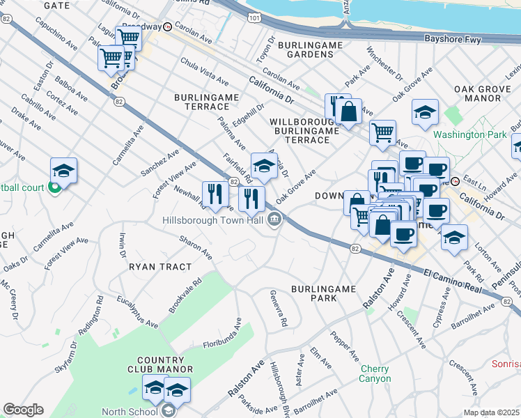 map of restaurants, bars, coffee shops, grocery stores, and more near 735 El Camino Real in Burlingame