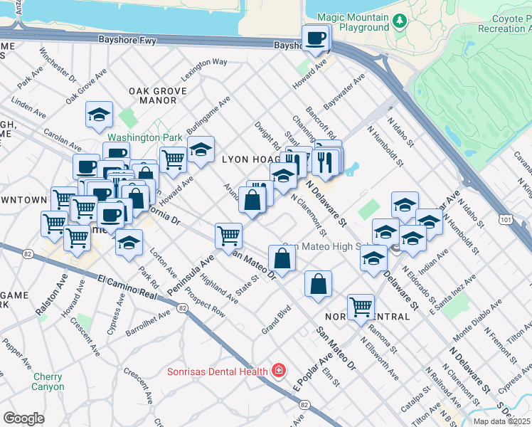 map of restaurants, bars, coffee shops, grocery stores, and more near 420 Peninsula Avenue in San Mateo