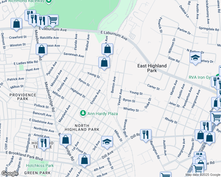 map of restaurants, bars, coffee shops, grocery stores, and more near 3620 Benton Avenue in Richmond