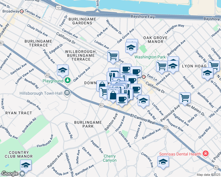 map of restaurants, bars, coffee shops, grocery stores, and more near 1430 Chapin Avenue in Burlingame