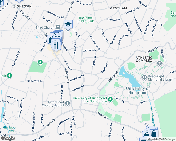 map of restaurants, bars, coffee shops, grocery stores, and more near 7108 University Drive in Richmond