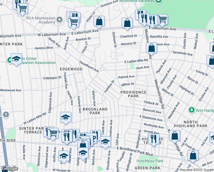 map of restaurants, bars, coffee shops, grocery stores, and more near 3302 Jeter Avenue in Richmond