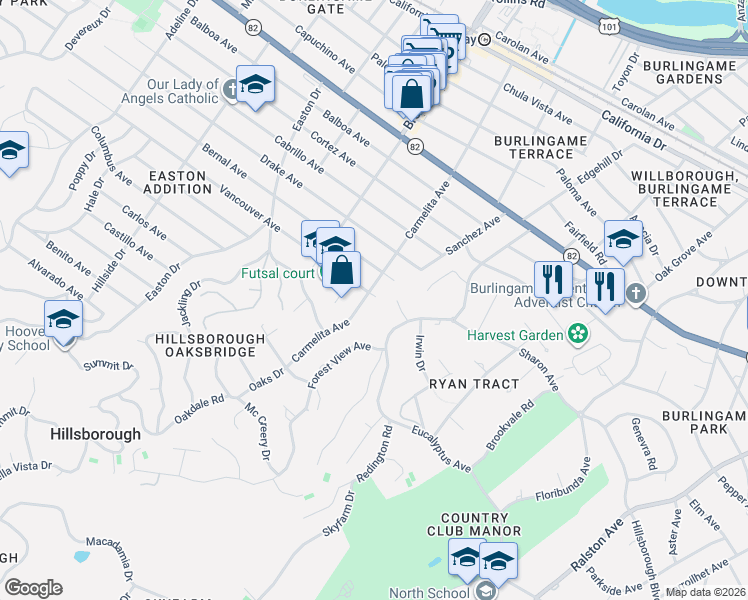 map of restaurants, bars, coffee shops, grocery stores, and more near 1952 Forest View Avenue in Hillsborough