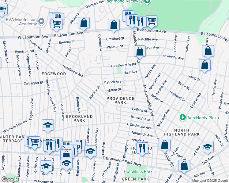 map of restaurants, bars, coffee shops, grocery stores, and more near 429 Milton Street in Richmond