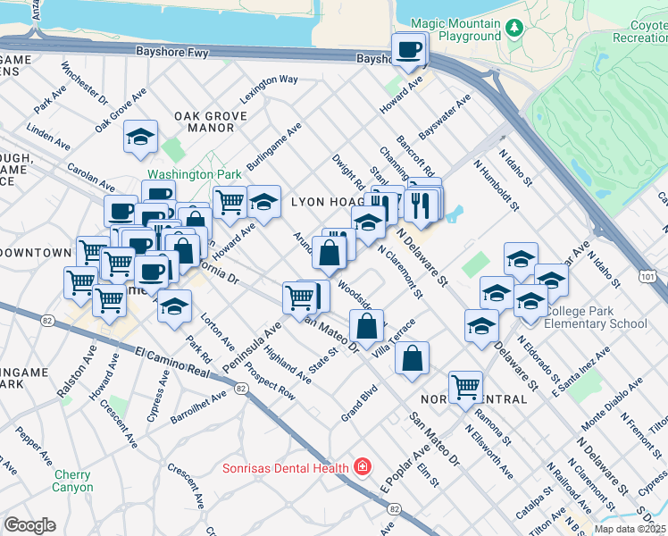 map of restaurants, bars, coffee shops, grocery stores, and more near 861 Woodside Way in San Mateo