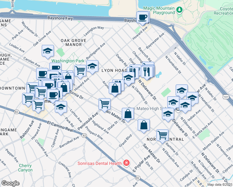map of restaurants, bars, coffee shops, grocery stores, and more near 2 Arundel Road in Burlingame