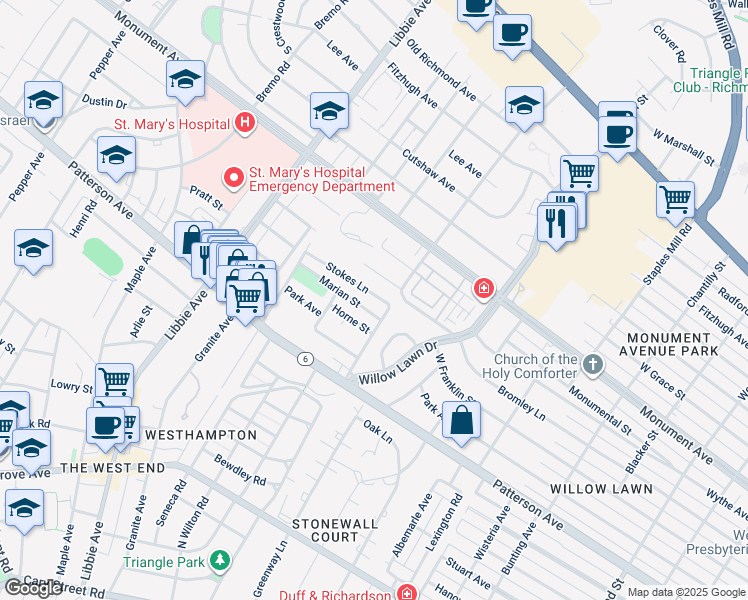 map of restaurants, bars, coffee shops, grocery stores, and more near 5305 Stokes Lane in Richmond