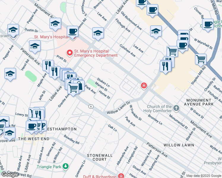 map of restaurants, bars, coffee shops, grocery stores, and more near 5305 Stokes Lane in Richmond