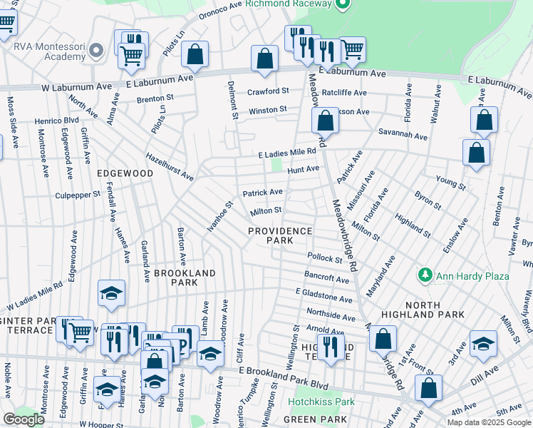 map of restaurants, bars, coffee shops, grocery stores, and more near 429 Milton Street in Richmond