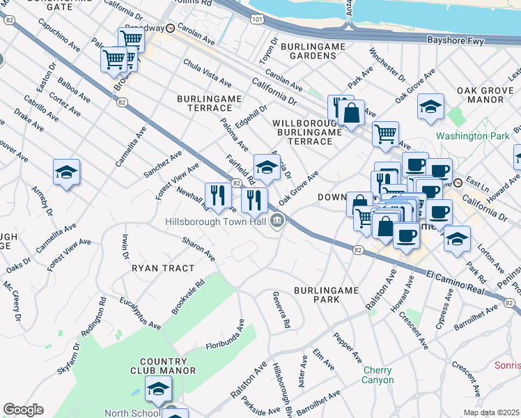 map of restaurants, bars, coffee shops, grocery stores, and more near in Burlingame