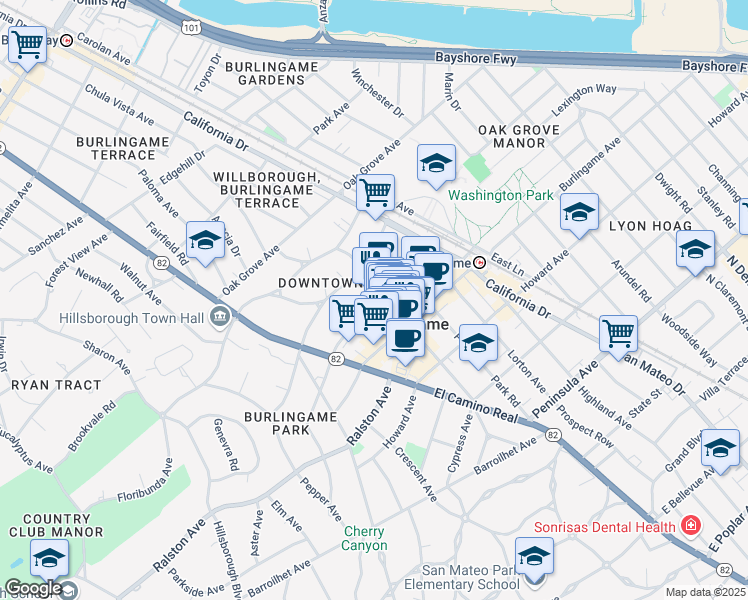 map of restaurants, bars, coffee shops, grocery stores, and more near 329 Primrose Road in Burlingame