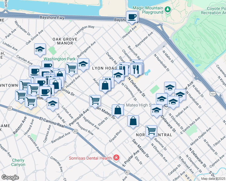 map of restaurants, bars, coffee shops, grocery stores, and more near 422 Peninsula Avenue in San Mateo