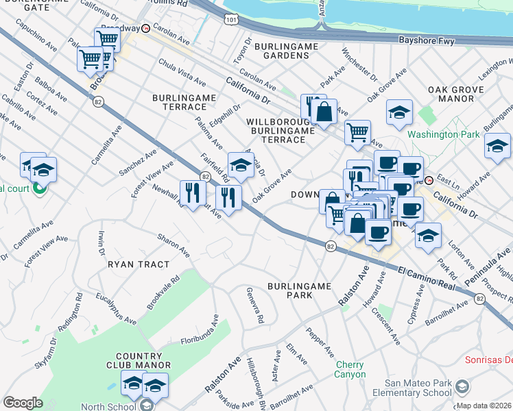 map of restaurants, bars, coffee shops, grocery stores, and more near 1499 Oak Grove Avenue in Burlingame