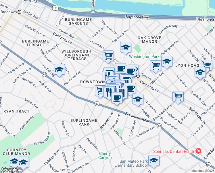 map of restaurants, bars, coffee shops, grocery stores, and more near 401 Primrose Road in Burlingame