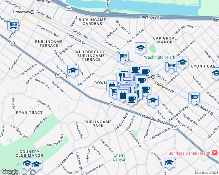 map of restaurants, bars, coffee shops, grocery stores, and more near 1435 Bellevue Avenue in Burlingame