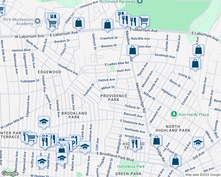 map of restaurants, bars, coffee shops, grocery stores, and more near 453 Milton Street in Richmond