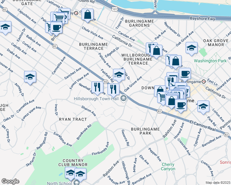 map of restaurants, bars, coffee shops, grocery stores, and more near 743 El Camino Real in Burlingame