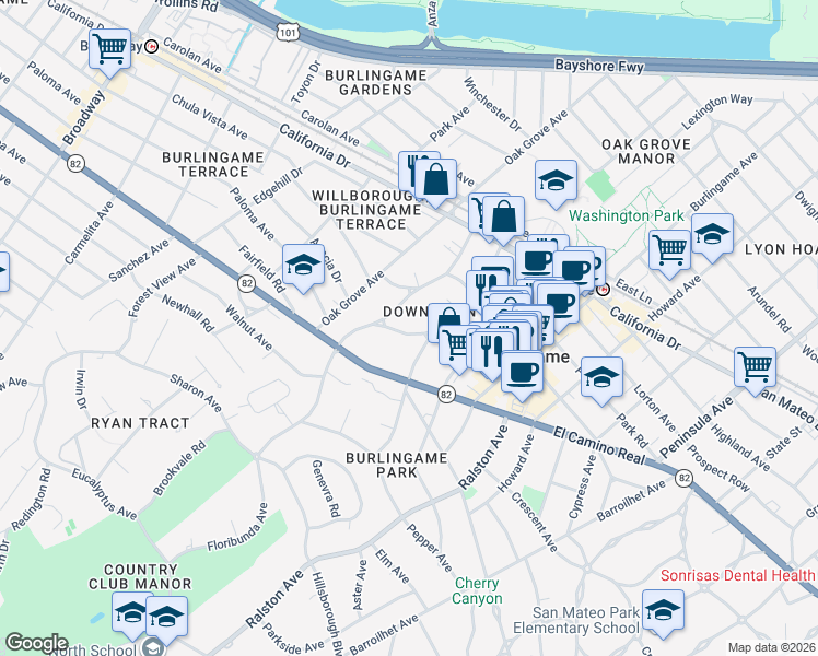 map of restaurants, bars, coffee shops, grocery stores, and more near in Burlingame