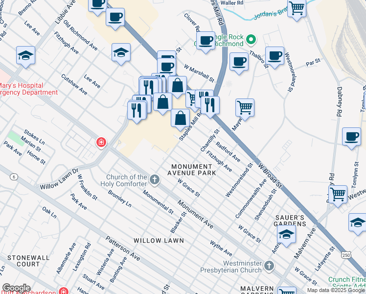 map of restaurants, bars, coffee shops, grocery stores, and more near 4818 Augusta Avenue in Richmond