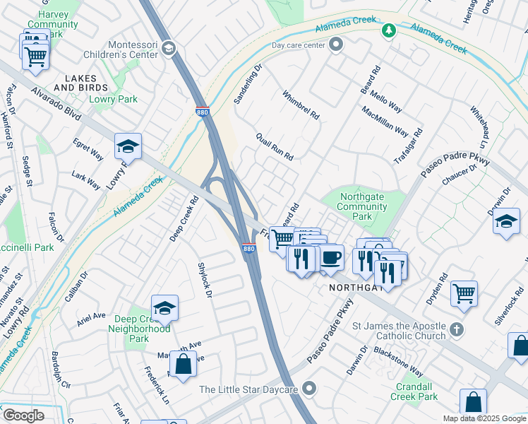 map of restaurants, bars, coffee shops, grocery stores, and more near 3945 Avocet Terrace in Fremont