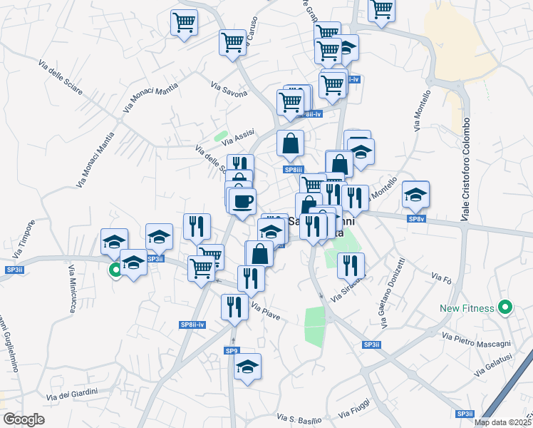 map of restaurants, bars, coffee shops, grocery stores, and more near 53 Via Pennisi in San Giovanni La Punta