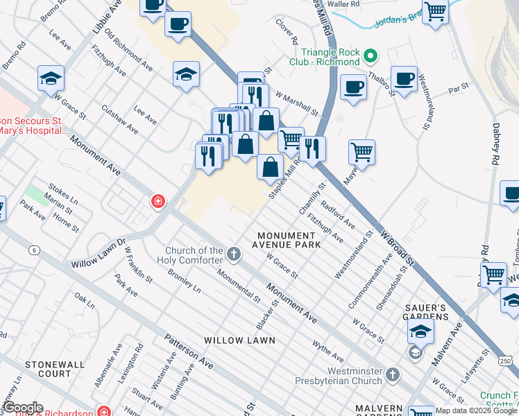 map of restaurants, bars, coffee shops, grocery stores, and more near 4901 Fitzhugh Avenue in Richmond