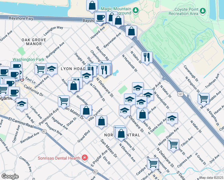 map of restaurants, bars, coffee shops, grocery stores, and more near 816 North Delaware Street in San Mateo