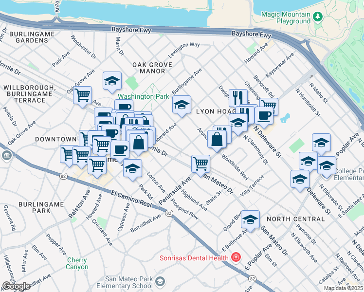 map of restaurants, bars, coffee shops, grocery stores, and more near 110 Anita Road in Burlingame