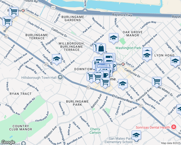map of restaurants, bars, coffee shops, grocery stores, and more near in Burlingame