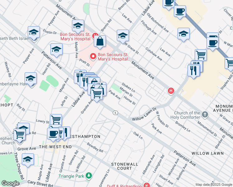 map of restaurants, bars, coffee shops, grocery stores, and more near 5408 Marian Street in Richmond