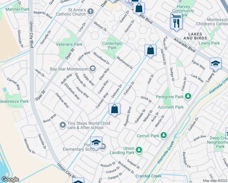 map of restaurants, bars, coffee shops, grocery stores, and more near 4557 Delores Drive in Union City