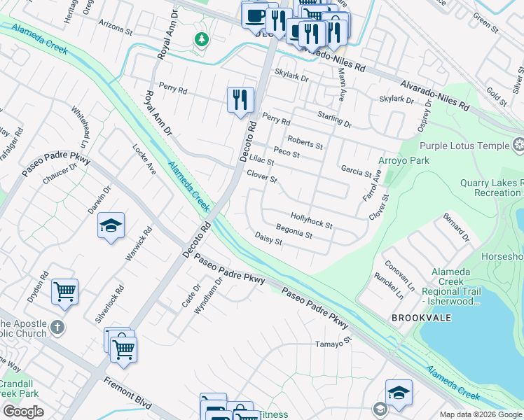 map of restaurants, bars, coffee shops, grocery stores, and more near Begonia Street & Hollyhock Street in Union City