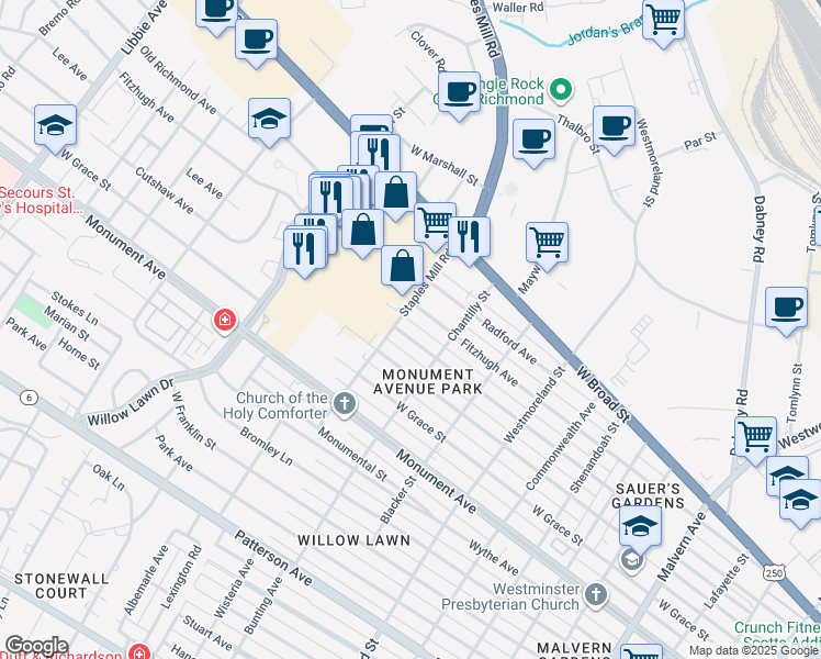 map of restaurants, bars, coffee shops, grocery stores, and more near 4901 Fitzhugh Avenue in Richmond