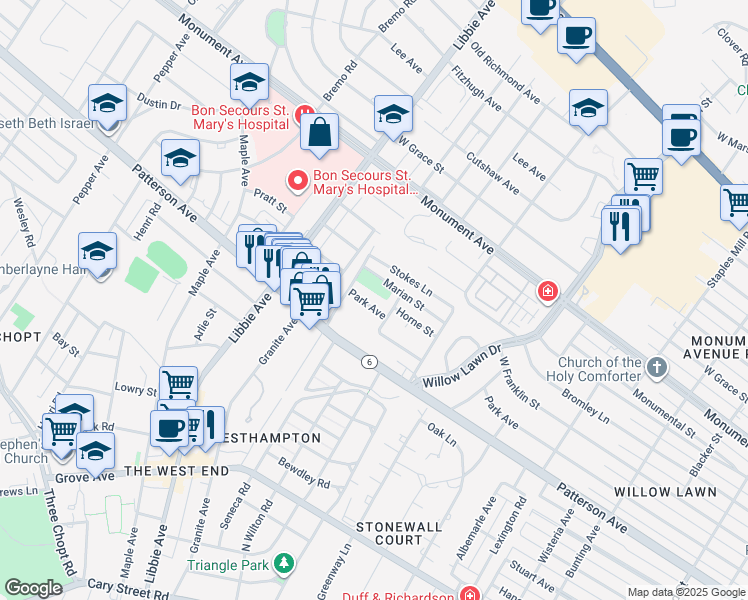 map of restaurants, bars, coffee shops, grocery stores, and more near 5408 Marian Street in Richmond
