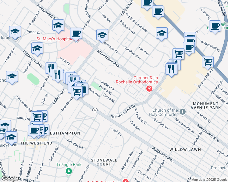 map of restaurants, bars, coffee shops, grocery stores, and more near 5307 Stokes Lane in Richmond