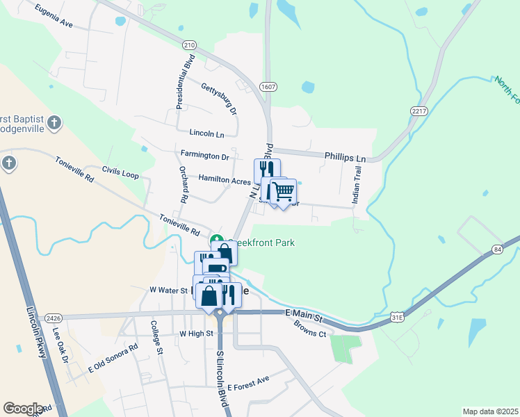 map of restaurants, bars, coffee shops, grocery stores, and more near 415 North Lincoln Boulevard in Hodgenville