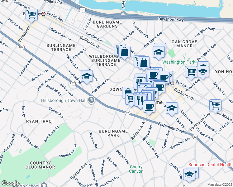 map of restaurants, bars, coffee shops, grocery stores, and more near 2 Burlingame Avenue in Burlingame