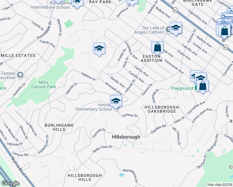 map of restaurants, bars, coffee shops, grocery stores, and more near Hillside Drive & Hillside Circle in Burlingame