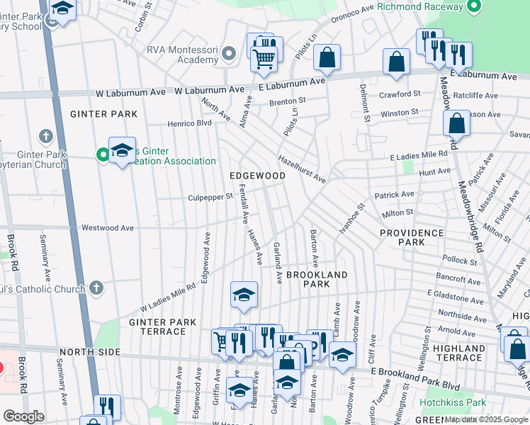 map of restaurants, bars, coffee shops, grocery stores, and more near 3426 Garland Avenue in Richmond
