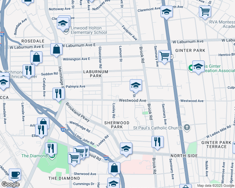 map of restaurants, bars, coffee shops, grocery stores, and more near 1350 Westwood Avenue in Richmond