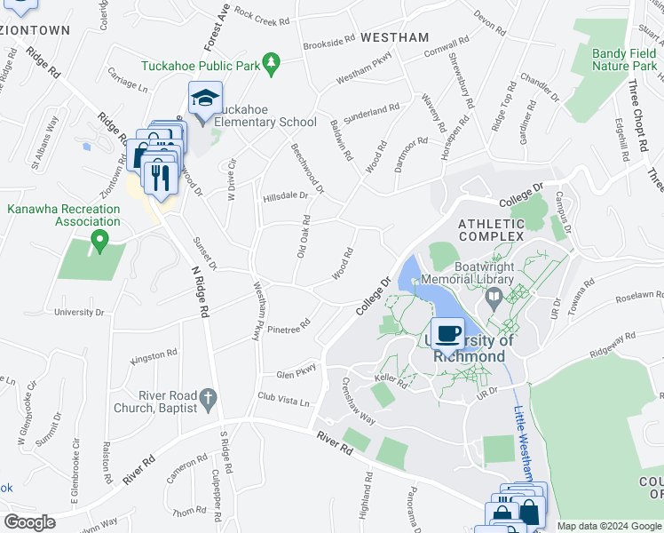 map of restaurants, bars, coffee shops, grocery stores, and more near 208 Wood Road in Richmond