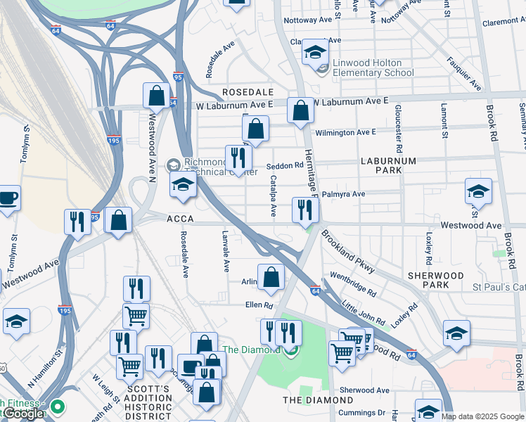 map of restaurants, bars, coffee shops, grocery stores, and more near 1807 Oakdale Avenue in Richmond