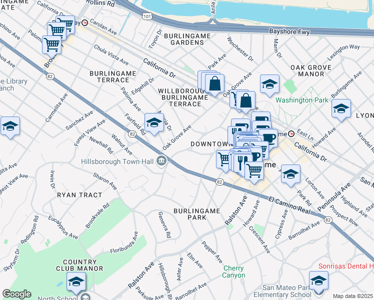 map of restaurants, bars, coffee shops, grocery stores, and more near Floribunda Avenue & Almer Road in Burlingame