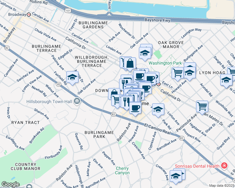 map of restaurants, bars, coffee shops, grocery stores, and more near in Burlingame