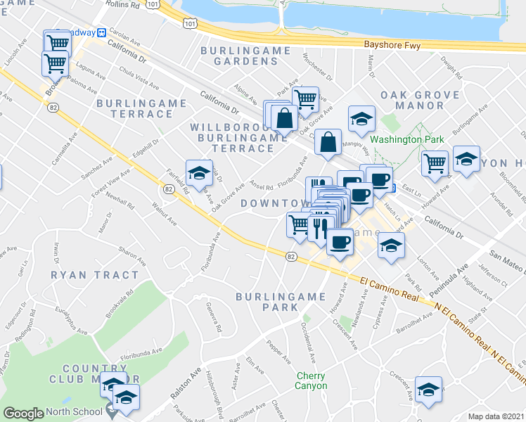 map of restaurants, bars, coffee shops, grocery stores, and more near 1440 Floribunda Avenue in Burlingame