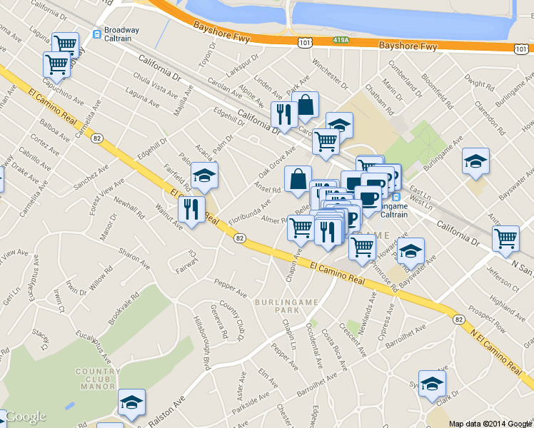 map of restaurants, bars, coffee shops, grocery stores, and more near 1440 Floribunda Avenue in Burlingame