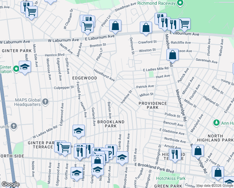 map of restaurants, bars, coffee shops, grocery stores, and more near 3316 Hazelhurst Avenue in Richmond