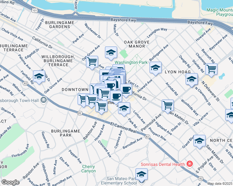 map of restaurants, bars, coffee shops, grocery stores, and more near 1118 Burlingame Avenue in Burlingame