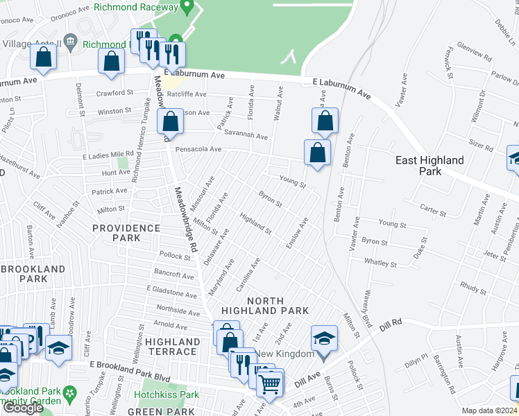 map of restaurants, bars, coffee shops, grocery stores, and more near 3510 Maryland Avenue in Richmond
